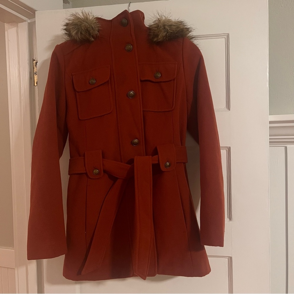 LIZ CLAIBORNE Peacoat w/ Detachable Faur Fur Trimmed Hood in Burnt Orange: Sz S